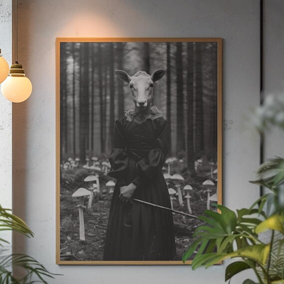 Sheep Headed Woman In Black Dress Dark Forest Photo Art Poster