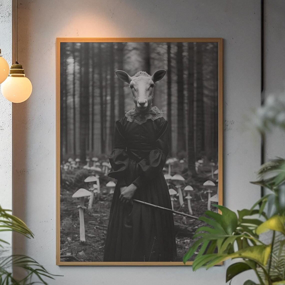 Sheep Headed Woman In Black Dress Dark Forest Photo Art Poster