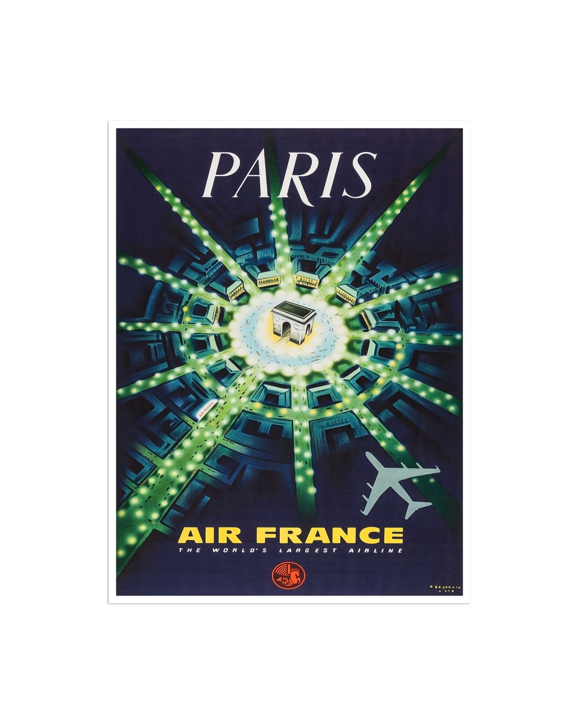 Paris Air France Etoile Night Aerial Starlight Vintage Poster