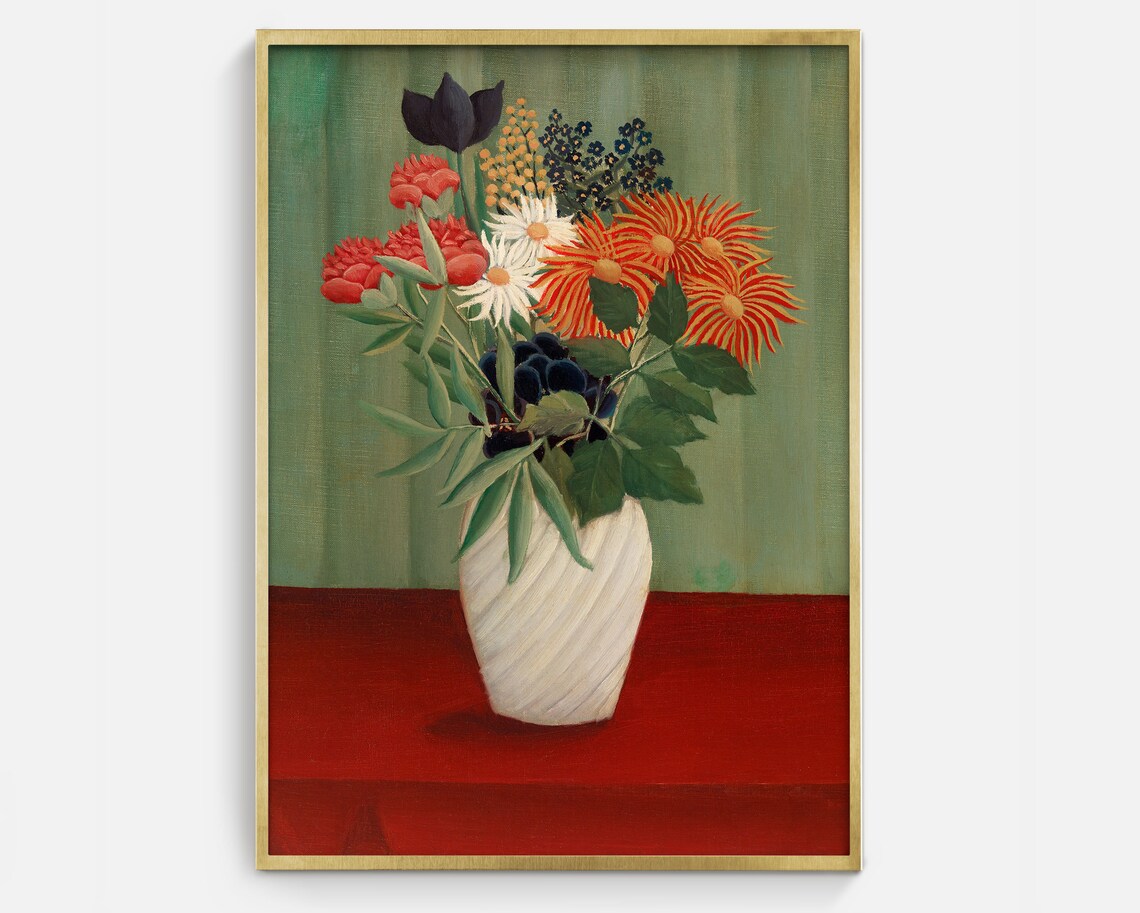 Naive Flower Bouquet White Vase Red Table Green Curtain Art Poster