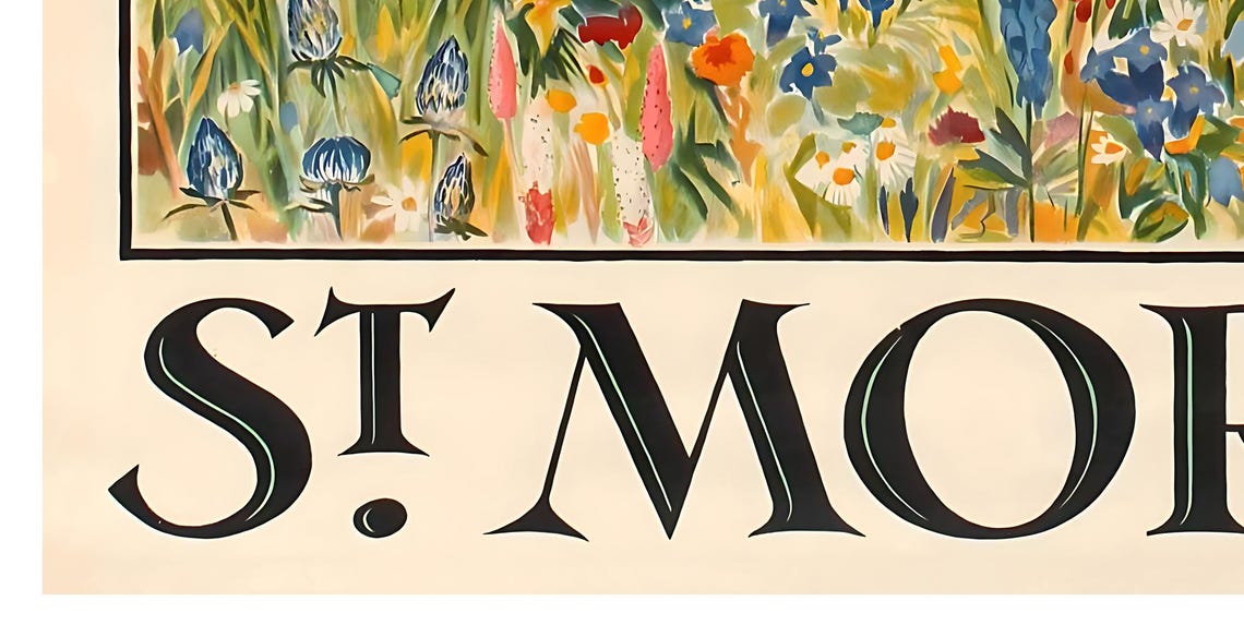 St Moritz Switzerland Alpine Lake Wildflowers Vintage Travel Poster - Image 2