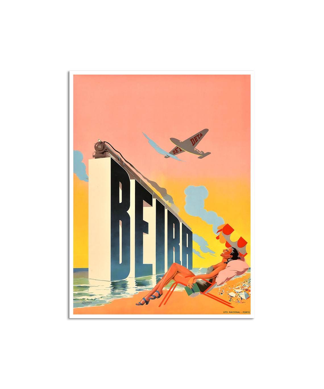 Beira Mozambique Vintage Beach Train Airplane Retro Travel Poster