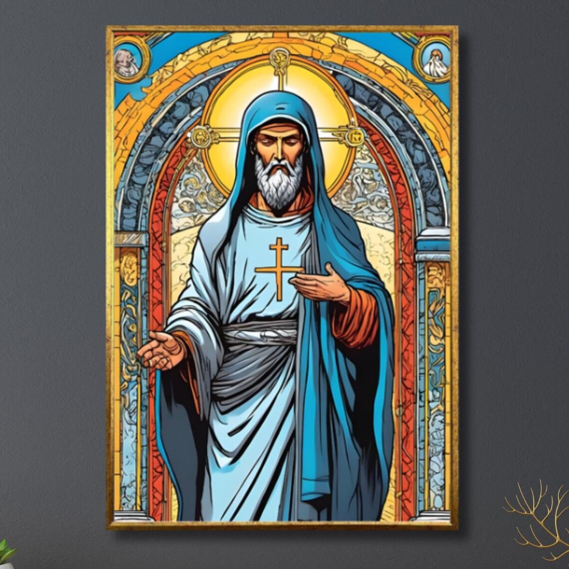 Stained Glass Style Jesus Christ In Blue Robe Religious Poster