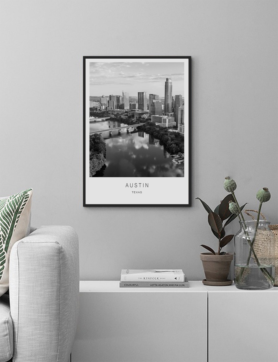 Austin Texas Black And White Downtown City River Skyline Poster - Image 3