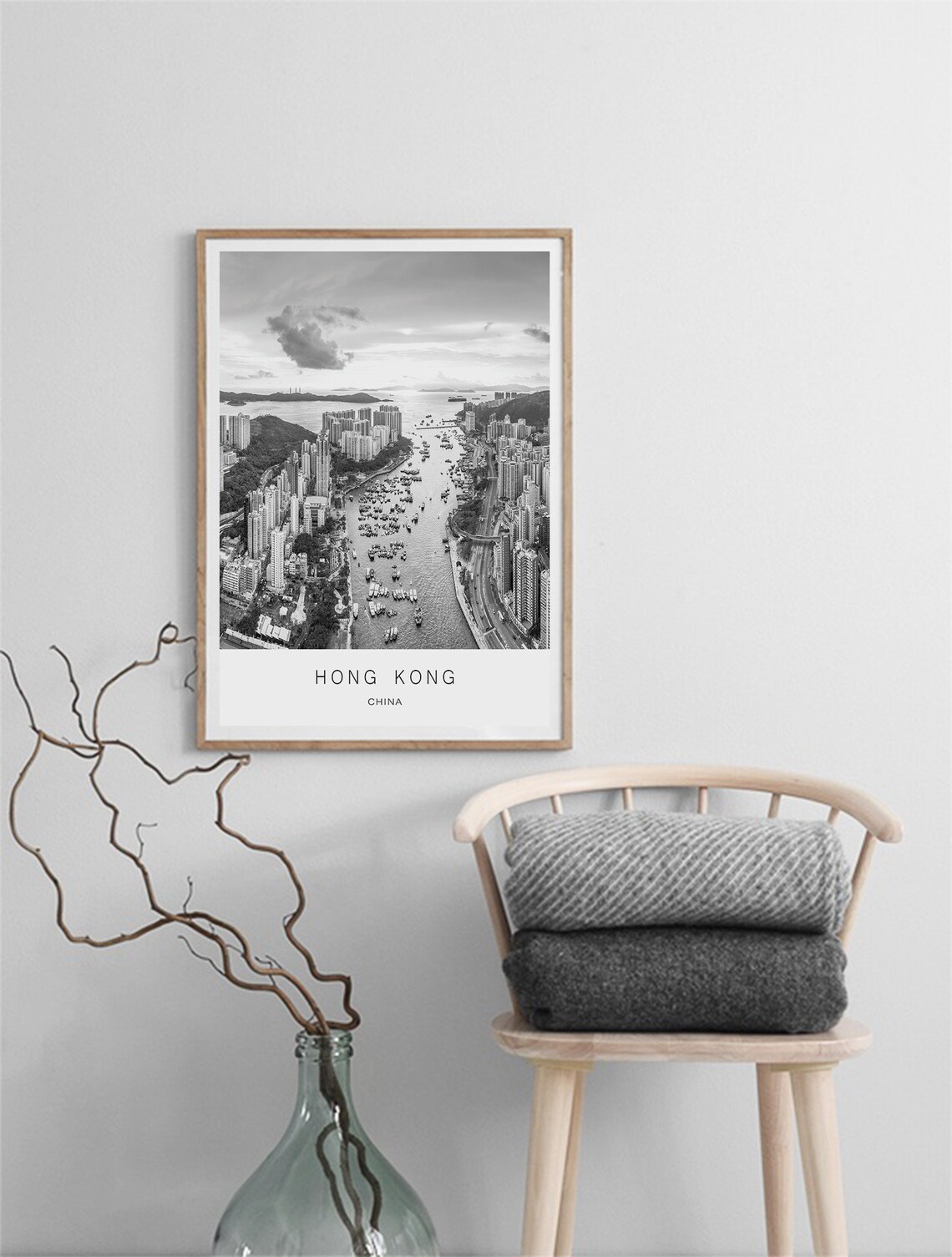 Hong Kong Aerial Harbor Boats Black White Skyline Photo Poster - Image 2