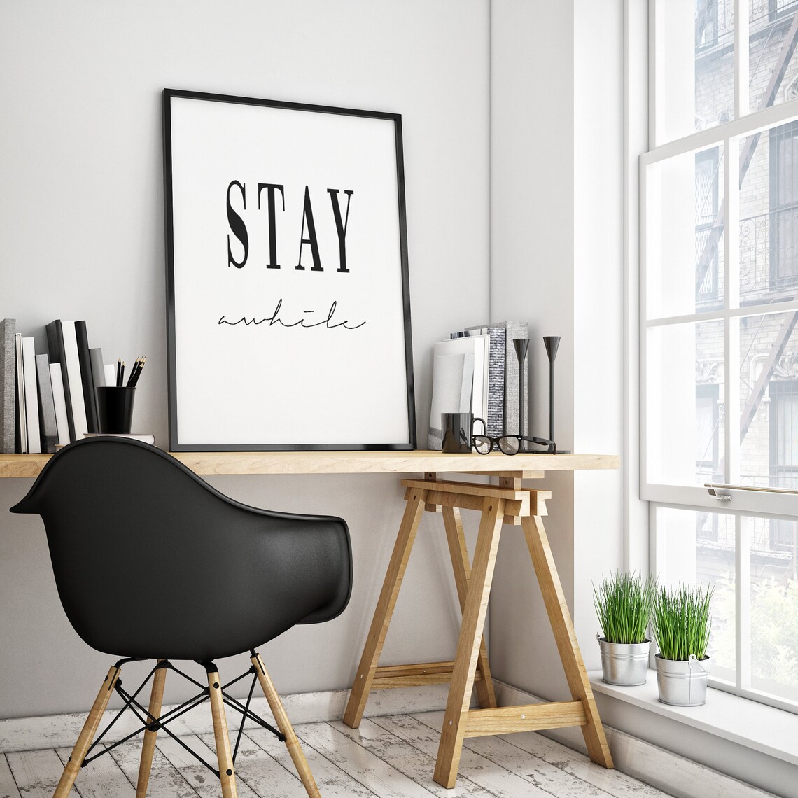Stay Awhile Minimalist Black and White Typography Quote Poster - Image 3
