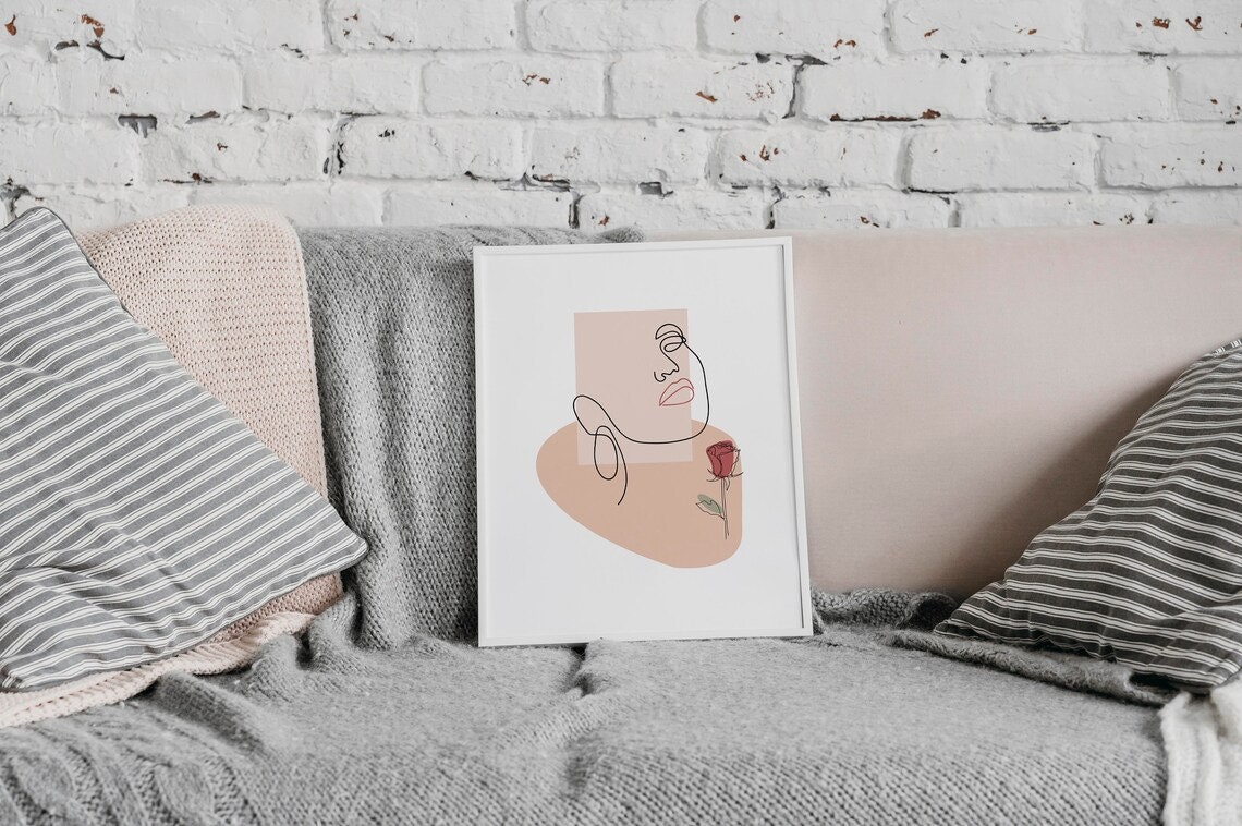 One Line Woman Face Red Rose Minimalist Boho Chic Art Poster - Image 2