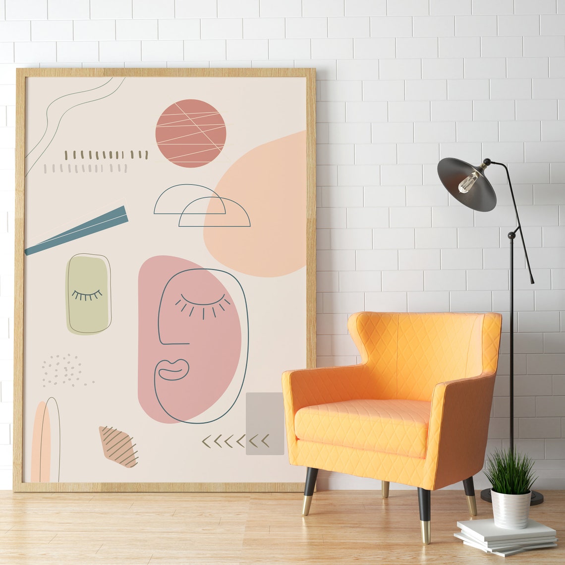 Abstract One Line Face Pastel Shapes Modern Boho Chic Decor Poster