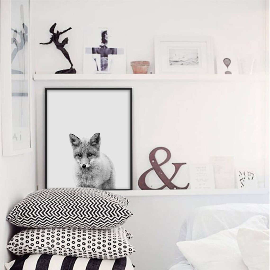 Baby Fox Black and White Minimalist Woodland Animal Photo Poster - Image 2