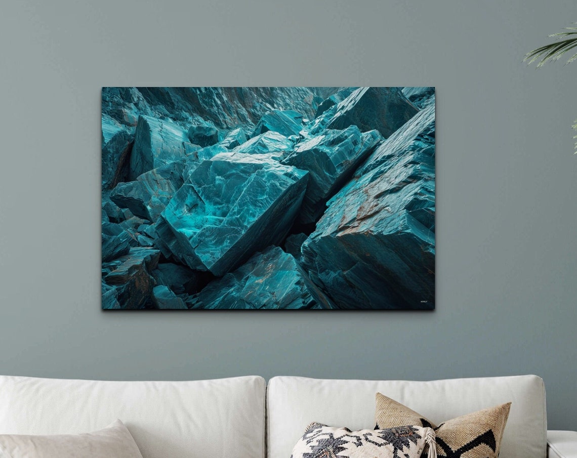 Teal Fractured Mineral Rock Close Up Modern Abstract Wall Art