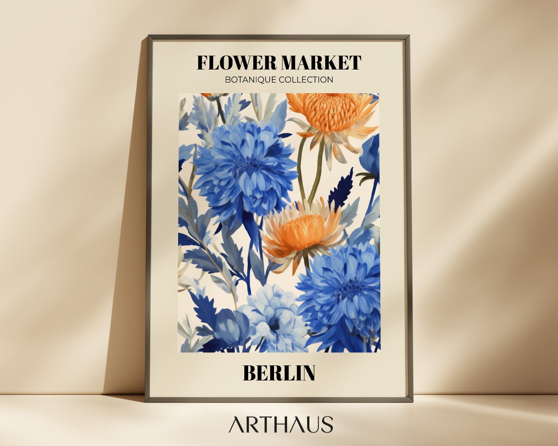 Flower Market Berlin Blue Orange Botanical Collection Art Print