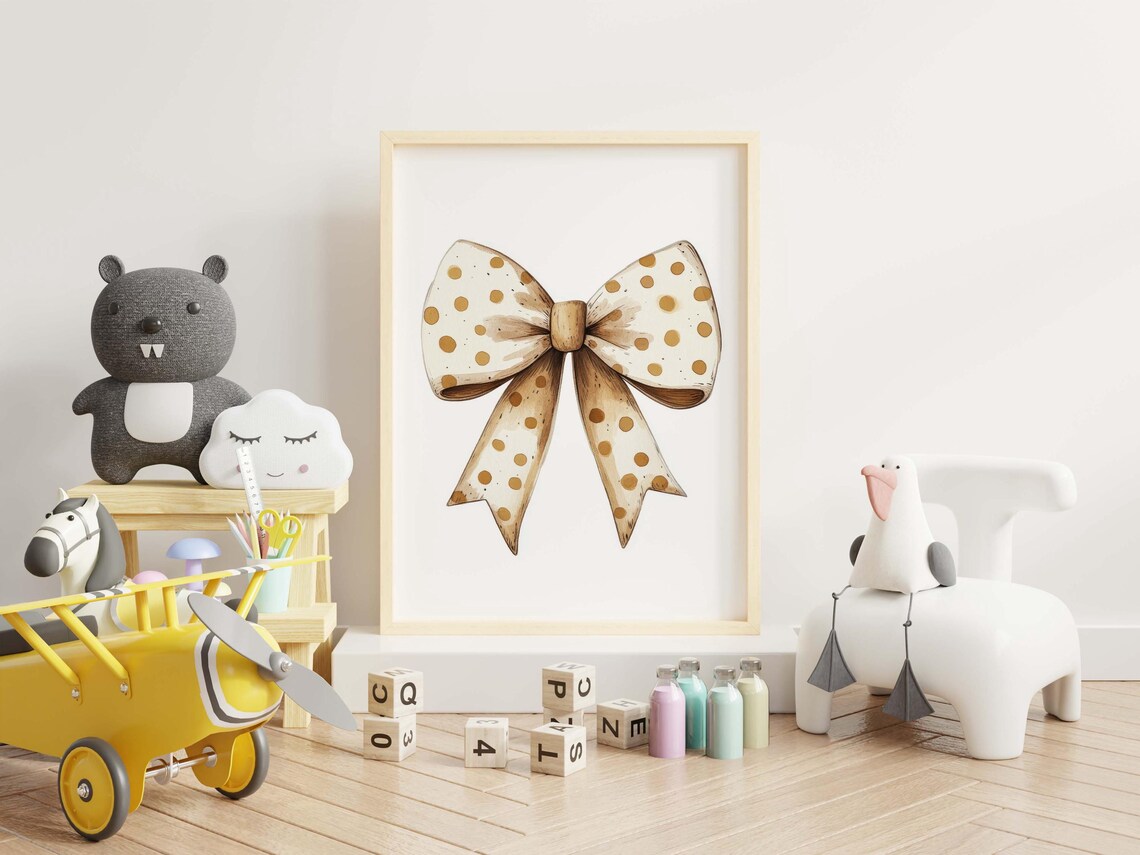 Soft Beige Polka Dot Bow Watercolor Nursery Girls Room Wall Art - Image 2