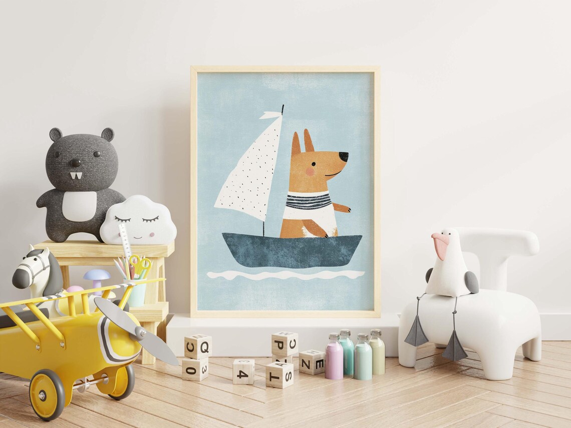 Nursery Sailing Dog Wall Art of Cute Puppy on Sailboat Kids Room Decor - Image 3