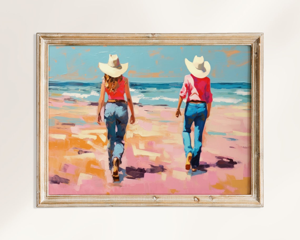 Two Cowgirls Walking To The Ocean On A Pink Sunset Beach Poster - Image 3
