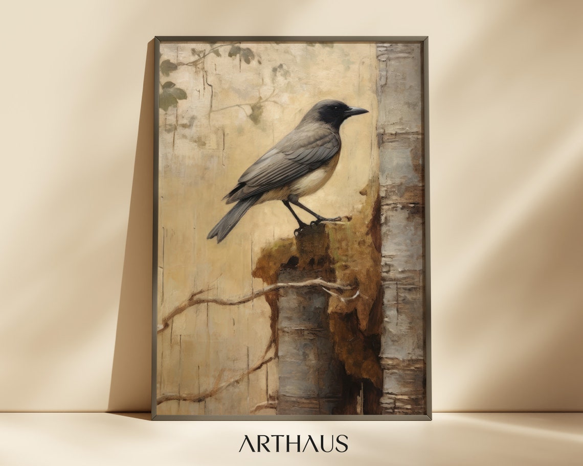 Vintage Gray Songbird Perched On Weathered Birch Tree Art Print