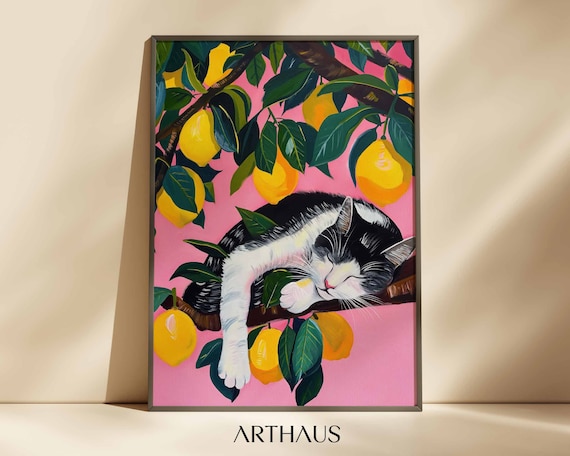 Sleeping Cat Print Girly Pink Aesthetic Trendy Dopamine Wall Art Maximalist Decor Matisse Inspired