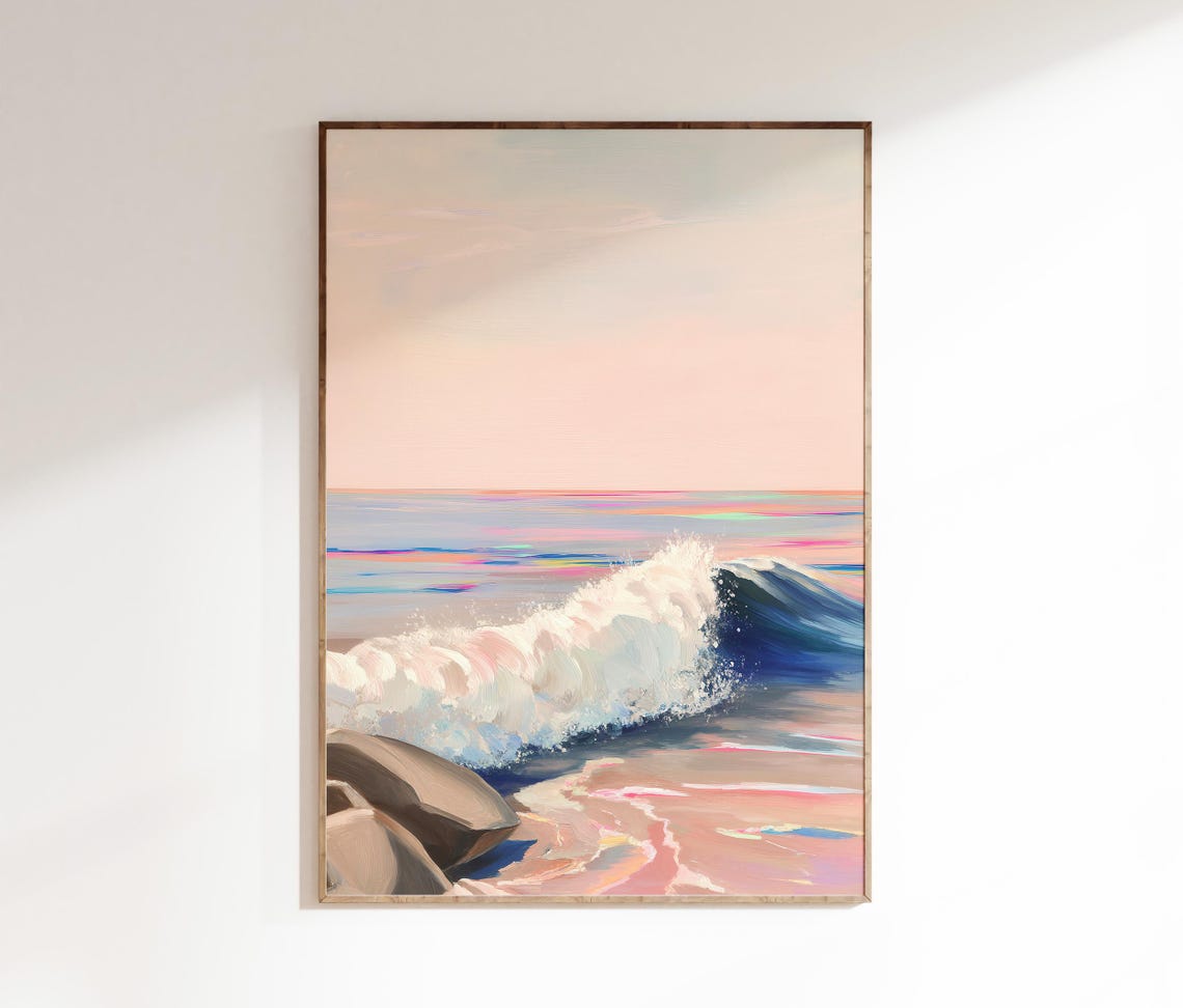 Pastel Ocean Wave Crashing On Rocks Blush Coastal Seascape Poster