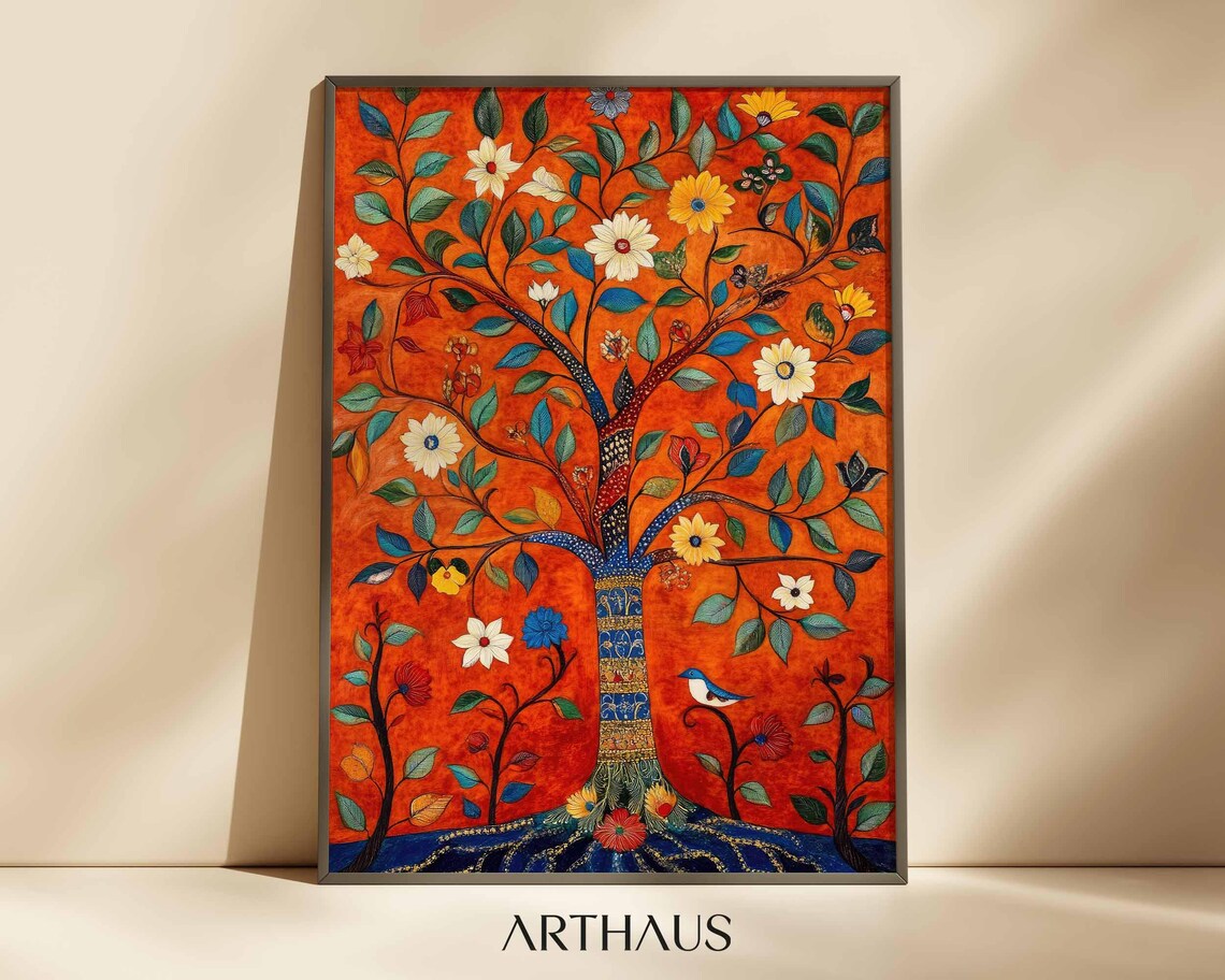 Traditional Indian Folk Red Floral Landscape Art Print