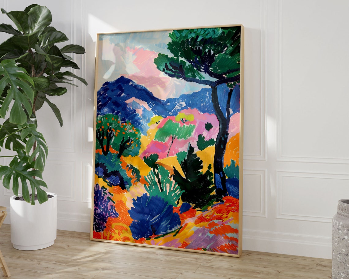 Fauvist Mediterranean Hills Pine Trees Colorful Canvas Art Print - Image 3