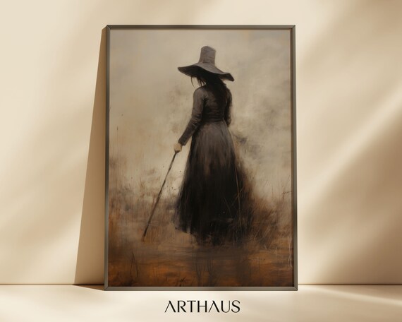 Witchy Woman With Broom Misty Field Vintage Halloween Art Poster