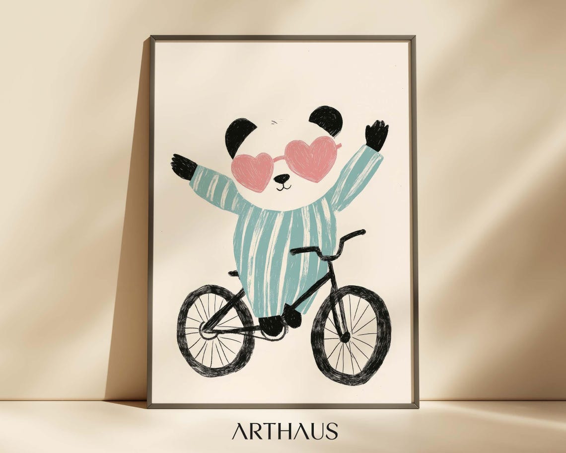 Panda Riding Bicycle With Heart Sunglasses Cute Nursery Wall Art
