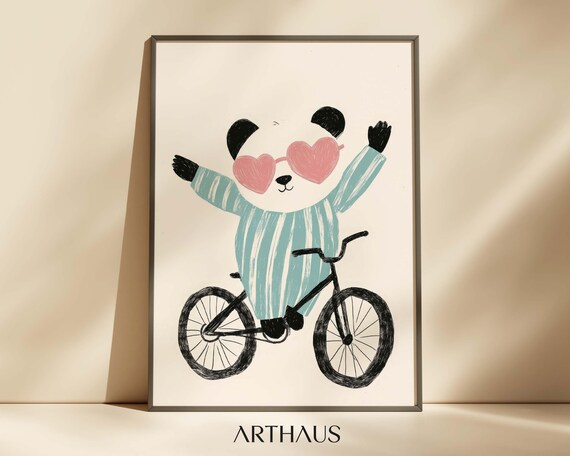 Panda Riding Bicycle With Heart Sunglasses Cute Nursery Wall Art