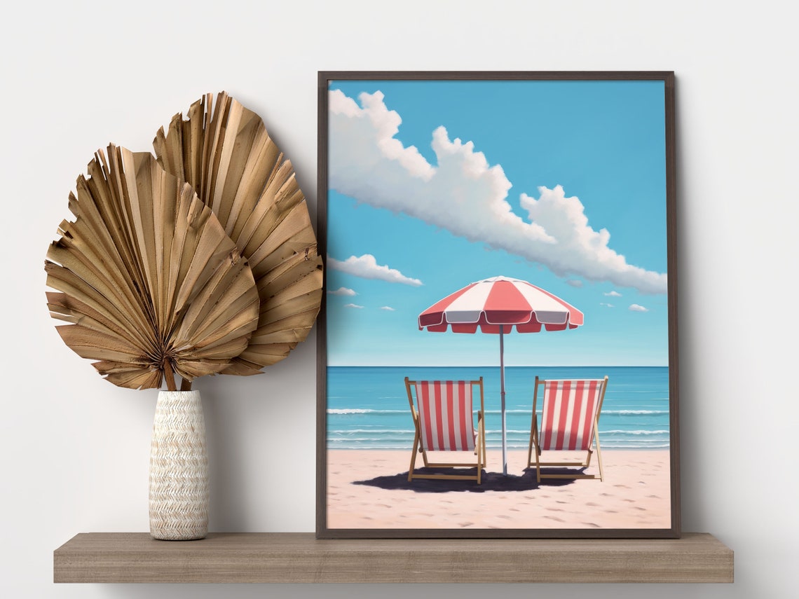 Vintage Retro Beach Chairs Red Umbrella Blue Seaside Wall Art - Image 2