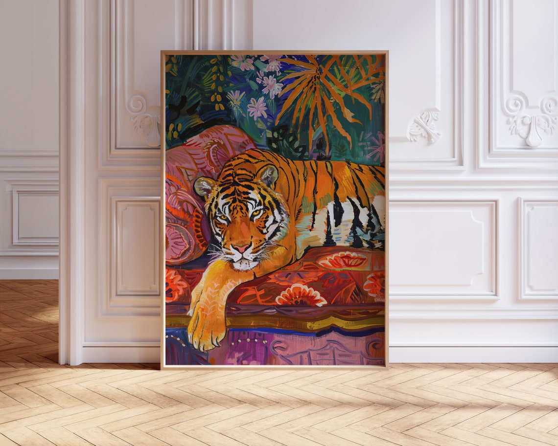 Colorful Tiger Resting on Patterned Couch Maximalist Jungle Poster