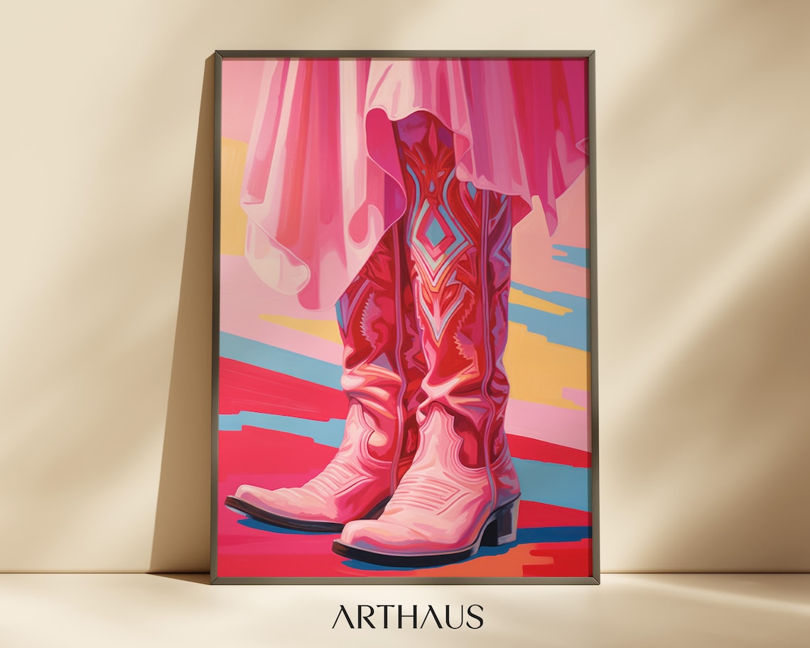 Pink Embroidered Cowboy Boots Under Flowing Pink Skirt Art Print