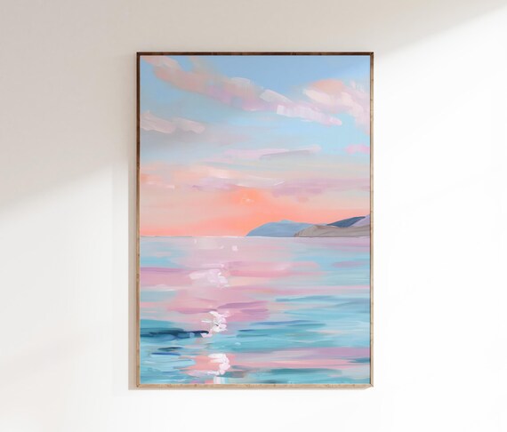 Pastel Ocean Sunset Art Pink Sky Mountain Coast Framed Seaside Wall Poster