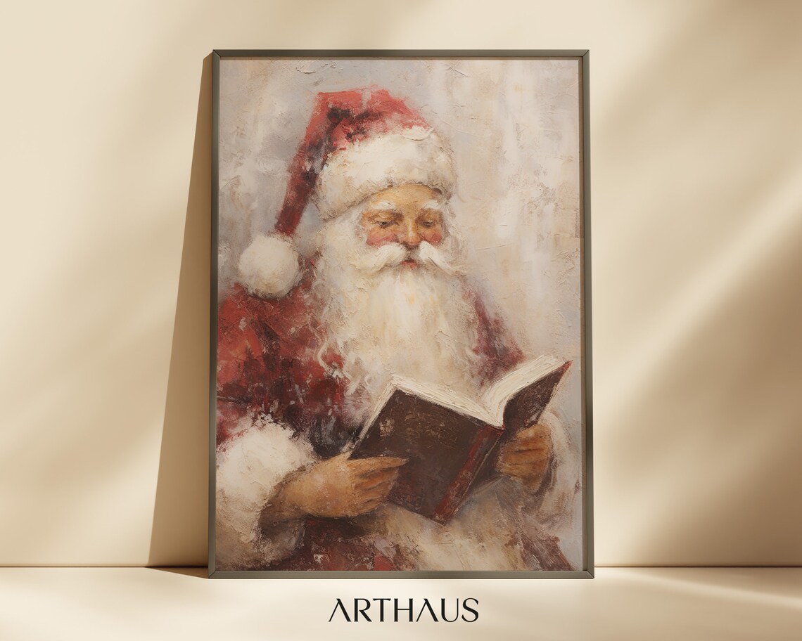 Vintage Santa Claus Reading Book Cozy Christmas Oil Painting Wall Art
