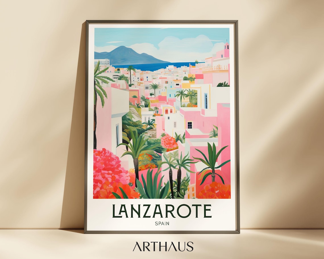 Lanzarote Spain Pink Village Hillside Ocean View Travel Poster