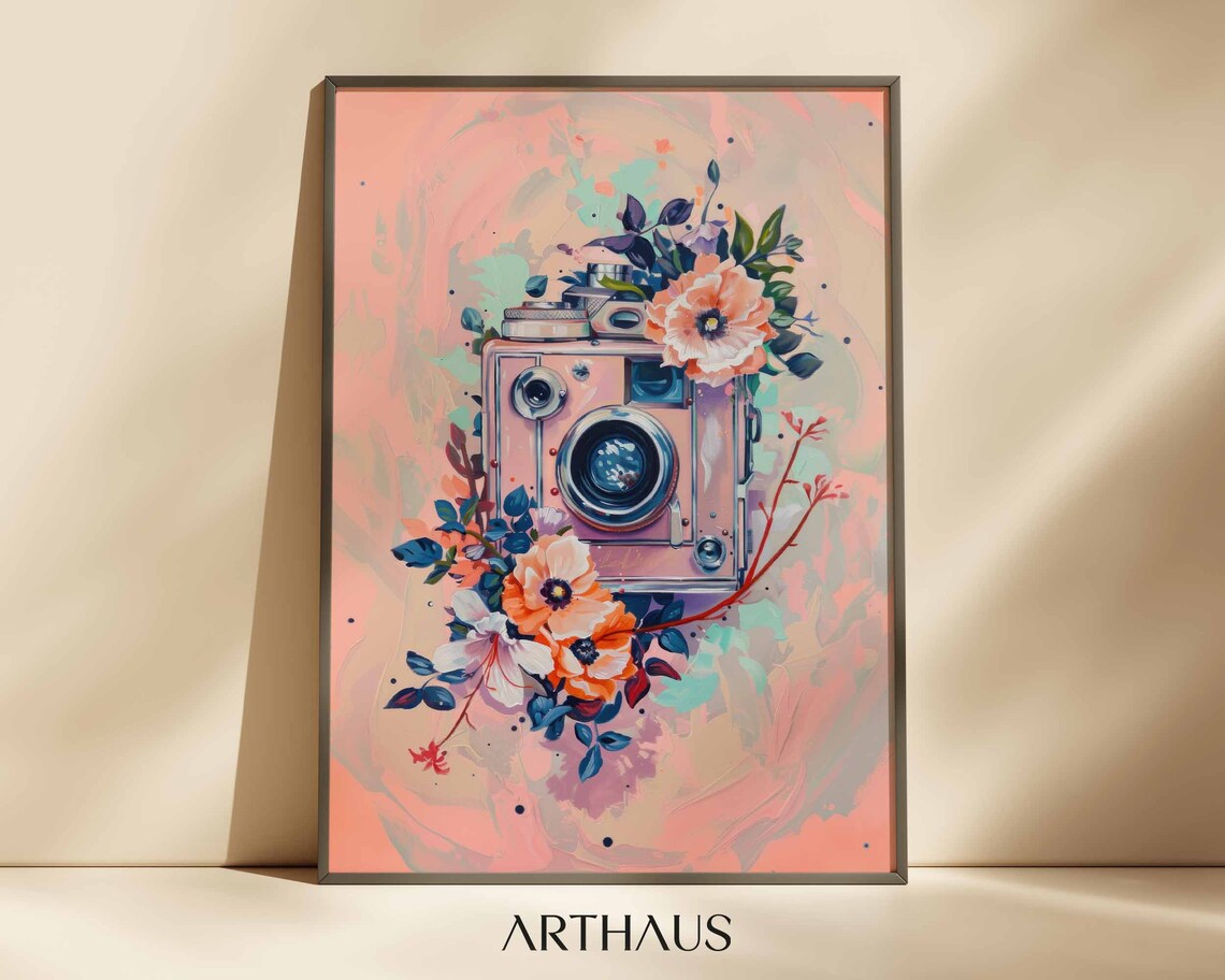 Pink Retro Camera With Flowers Dopamine Aesthetic Art Poster
