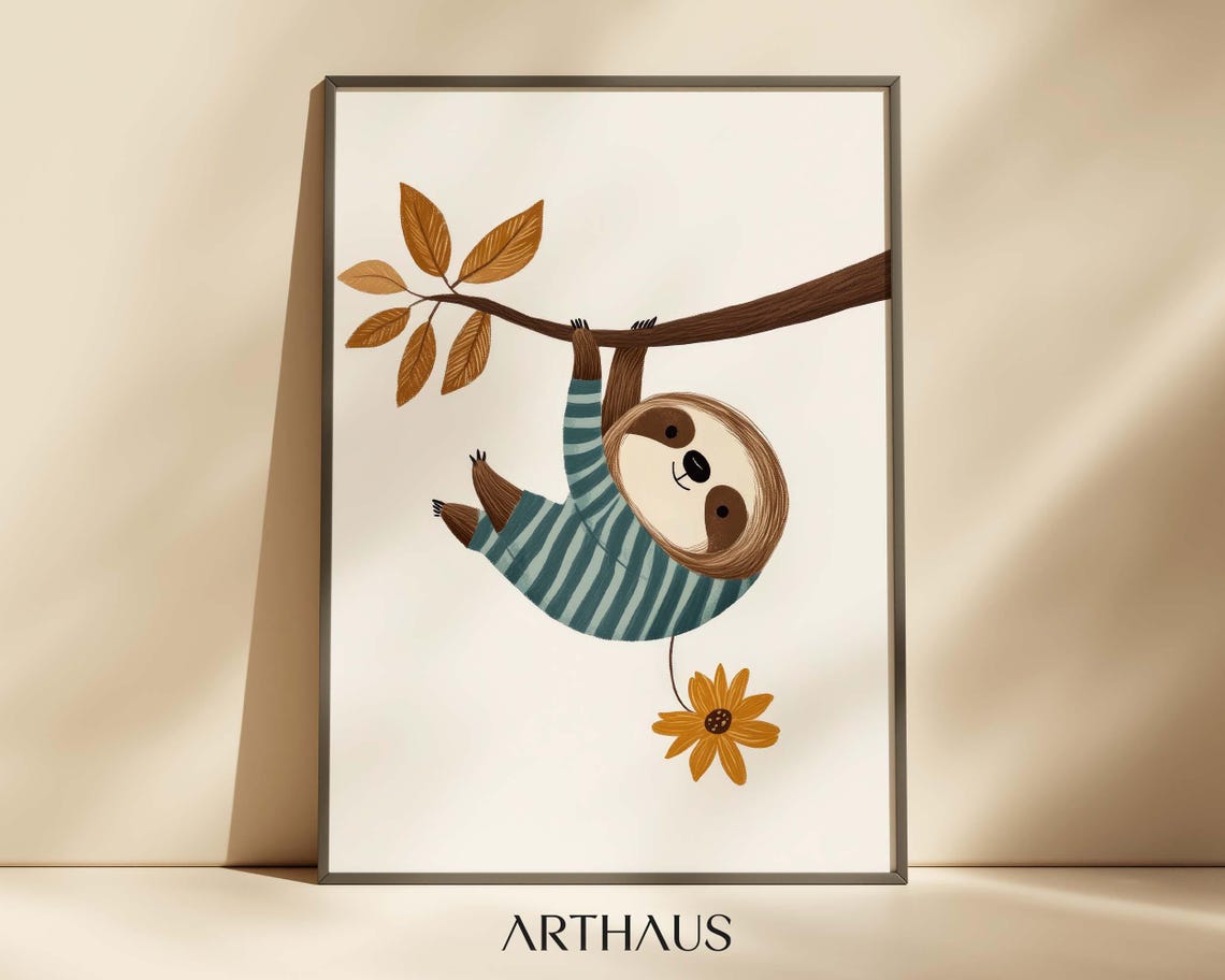 Sloth Hanging From Branch With Yellow Flower Nursery Wall Art