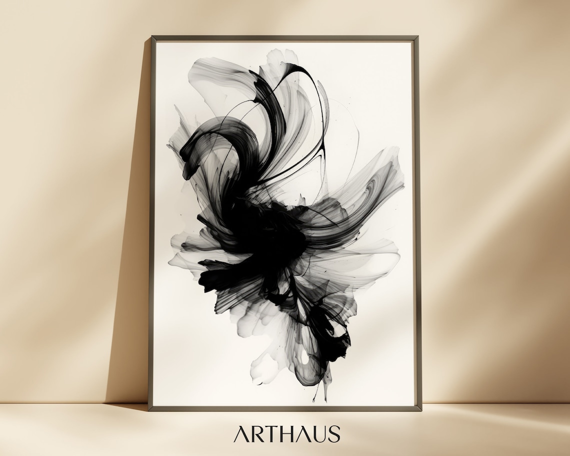 Black Ink Abstract Bloom Minimalist Monochrome Floral Style Wall Art