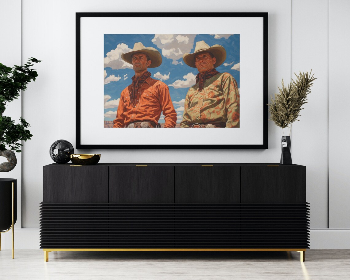Two Vintage Cowboys Under A Big Blue Sky Portrait Painting Poster - Image 3