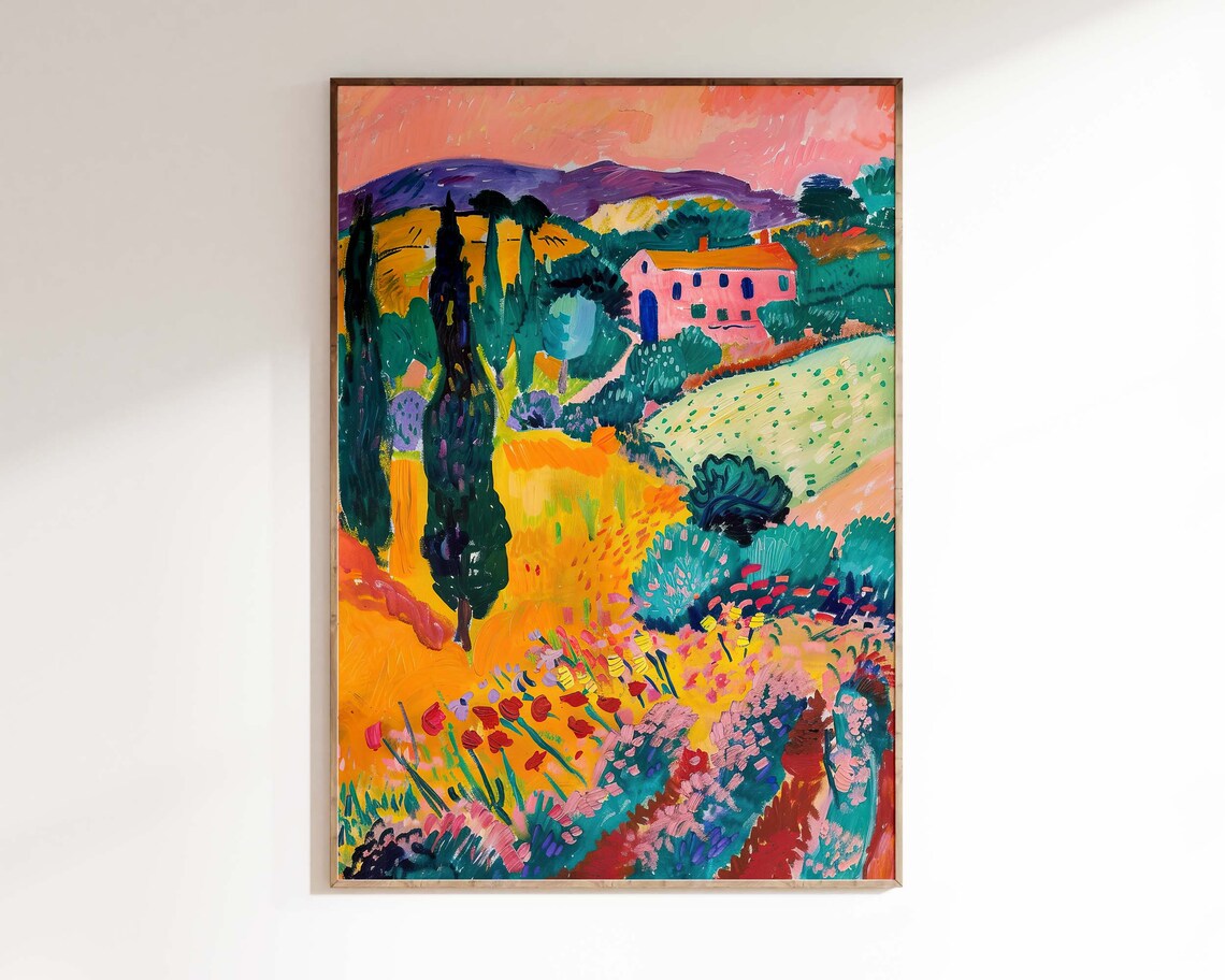 French Countryside Field Cypress Fauvist Colorful Landscape Art Print - Image 3