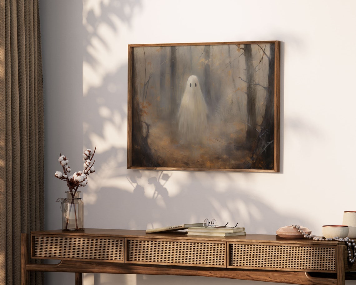 Cute Ghost Misty Autumn Forest Moody Halloween Woods Decor Print - Image 3