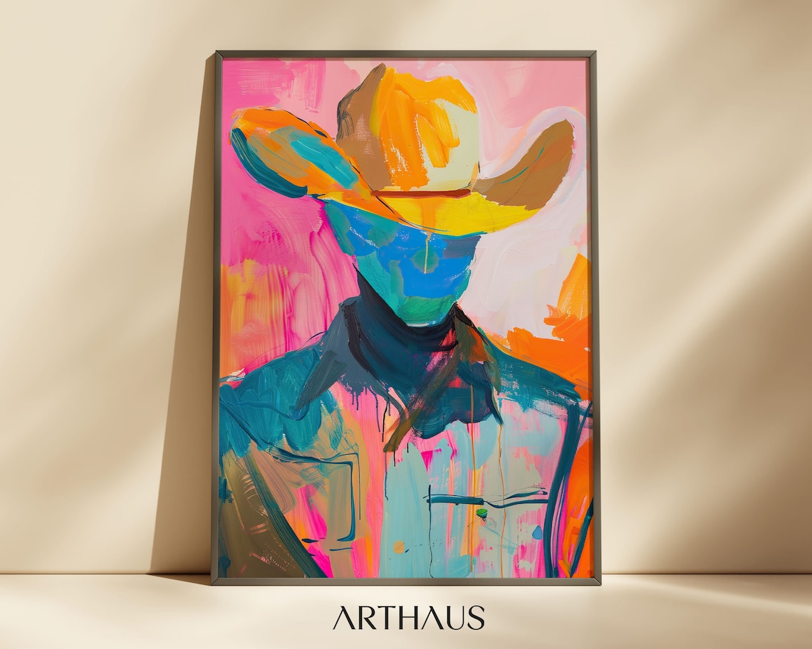 Colorful Abstract Cowboy Hat Portrait Bold Neon Western Wall Art