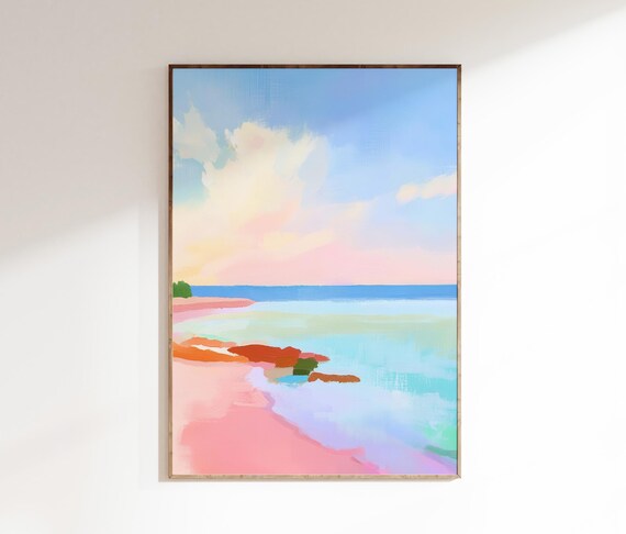 Abstract Pastel Shoreline Pink Sand Turquoise Water Red Rocks Poster