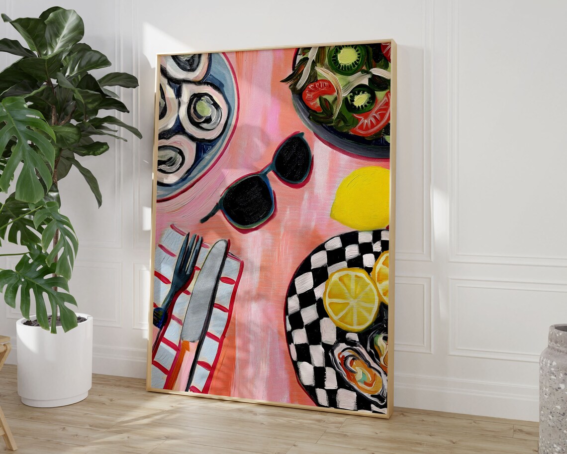 Pink Oyster Lunch Table Painting Print of Sunglasses and Lemon Art - Image 3