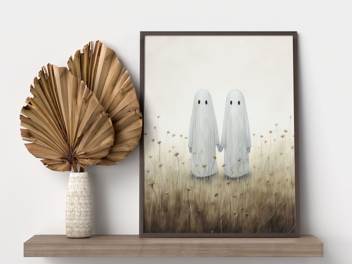 Two Cute Ghosts Holding Hands in a Wildflower Field Art Poster - Image 3
