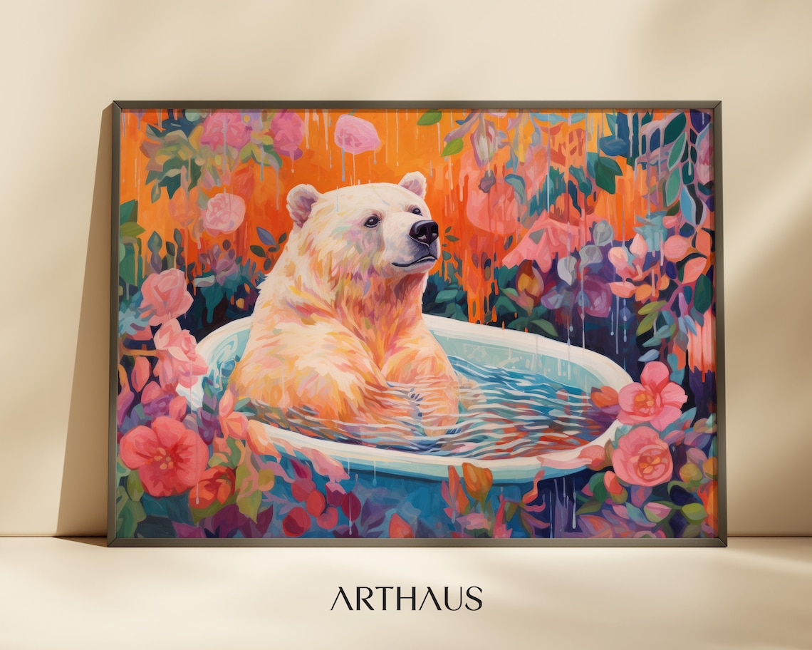 Bear In The Bath Botanical Bathroom Wall Art