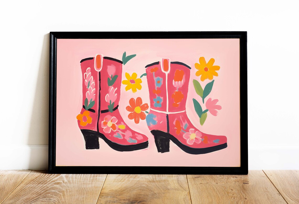 Pink Floral Cowgirl Boots And Daisies On Pink Ground Art Print - Image 2