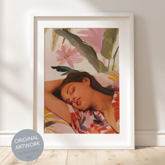 Woman Sleeping In Armchair Gouache Art Print Boho Bedroom Decor
