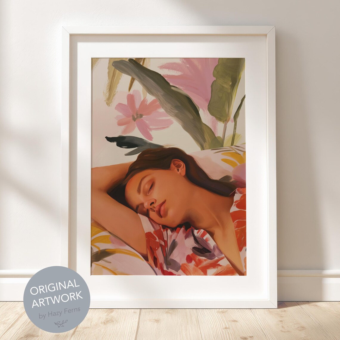 Woman Sleeping Armchair Gouache Cozy Relaxed Floral Bedroom Art Poster