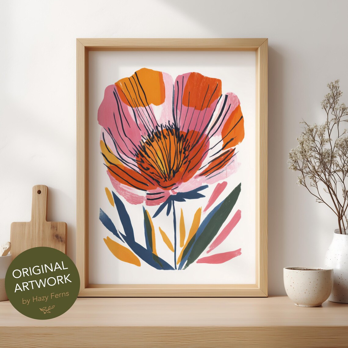 Blooming Tulip, Colorful Gouache Style Art Print