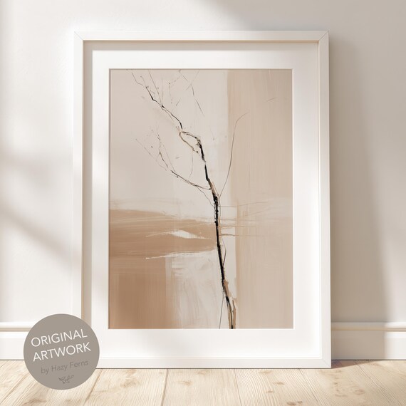 Abstract Simple Branch Print Neutral Minimalist Botanical Poster Beige Brush Stroke Wall Art Scandi Decor