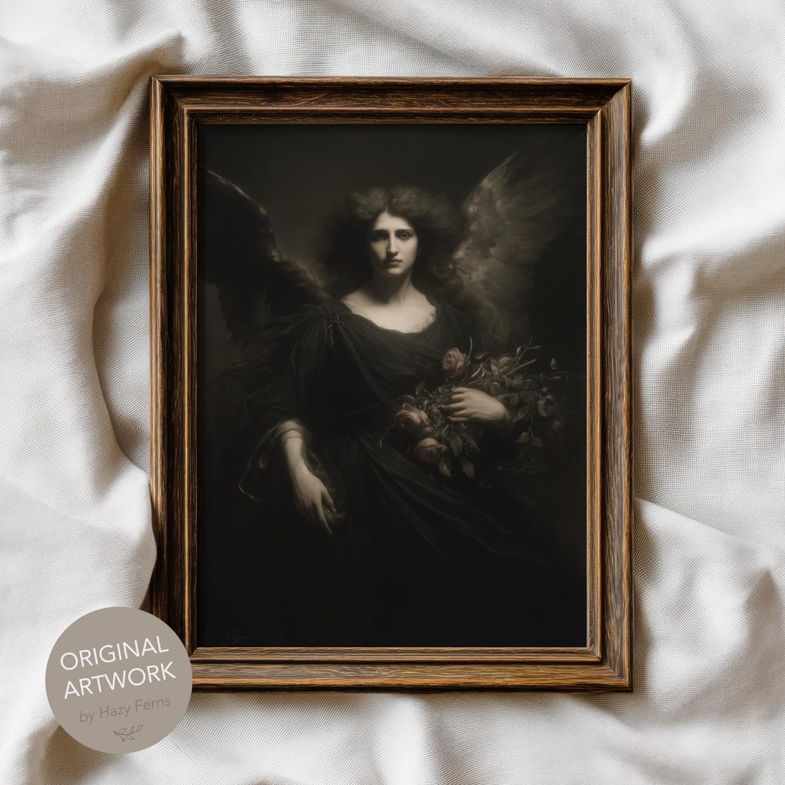 Dark Angel Woman with Wings and Roses Gothic Romantic Art Poster