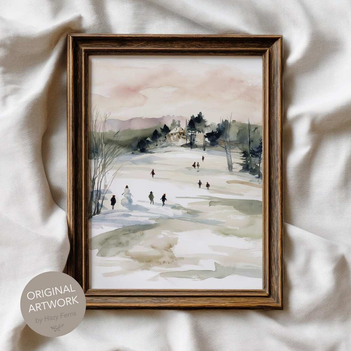 Winter Skaters On Frozen Pond Soft Watercolor Landscape Art Print